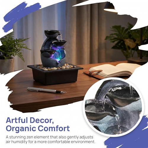 Indoor Tabletop Water Fountain with LED Lights & Pebbles for Desk
