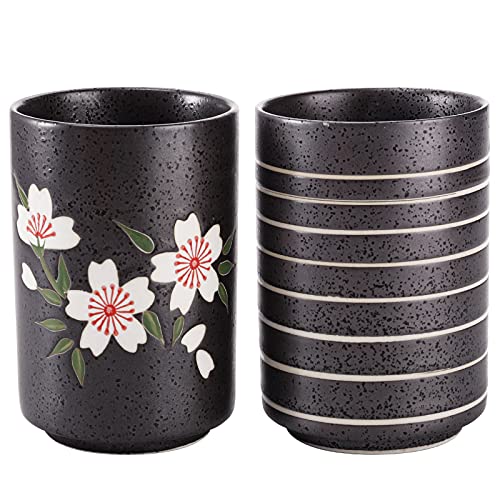 Hedume Set of 2 Japanese Ceramic Tea Cups 10oz Cherry Blossom & Line Design - Pack of 1