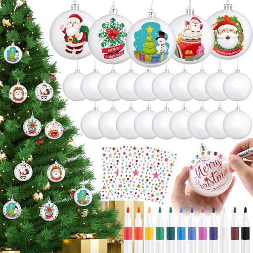24 Pcs DIY Christmas Ornament Kit - Paintable White Plastic Balls with Markers & Stickers