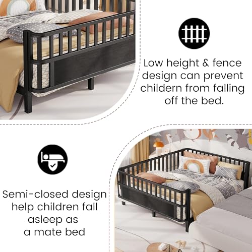 Full Size Montessori Bed Frame with Guardrails, Low Profile Metal & Wood Bed