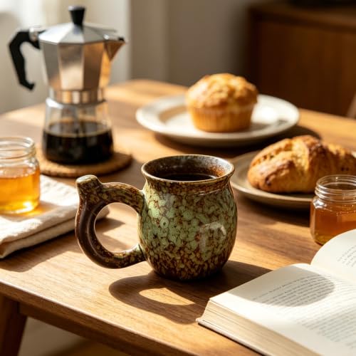 Green1 Handcrafted Ceramic Coffee Mug 13oz - Retro Tea Cup, Dishwasher & Microwave Safe, Gift for Coffee Lovers