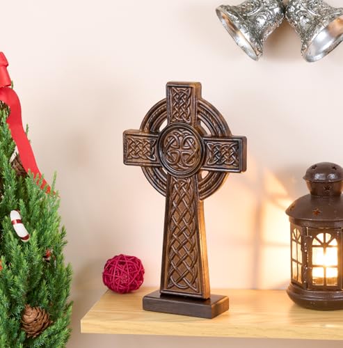10-Inch Hand-Carved Wooden Celtic Cross Wall Art for Home Decor
