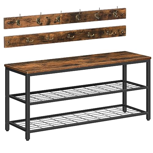 Industrial Hall Tree with Shoe Bench and 9 Coat Hooks, Rustic Brown