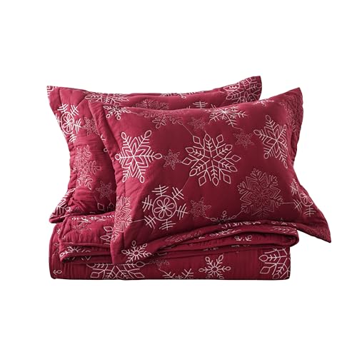 Christmas Twin Size Quilt Set with Snowflake Pattern and Pillow Shams - Holiday Red Bedding