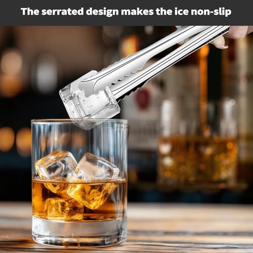 Stainless Steel Ice Tongs 8.5 Inch for Jumbo Ice Balls & Cubes, Magnetic Hook for Whiskey & Bar Use