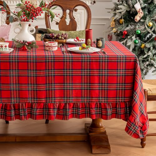 Joyfol Day Christmas Plaid Ruffled Tablecloth 120 x 60 Inch Rectangular, Red