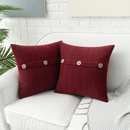 HWY 50 Burgundy Red 18x18 Inch Chenille Throw Pillow Covers (Pack of 2) with 3-Button Detail