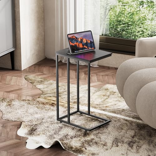 C-Shaped 2-Tier End Table for Sofa and Bedside, Black Metal TV Tray