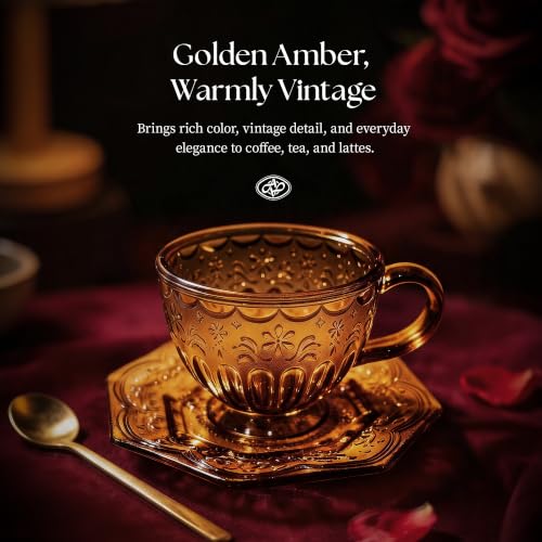Golden Amber Vintage Glass Tea Cup & Saucer Set 12oz Octagonal Design – Elegant Coffee & Tea Mug