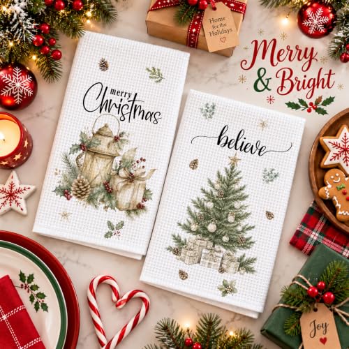 AWSICE Christmas Kitchen Towels Set of 2 – Rustic Tree Motif, 24 x 16 inches