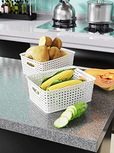 Woven Plastic Storage Baskets 6-Pack White Weave Bins Organizer 10x7.5 Inch