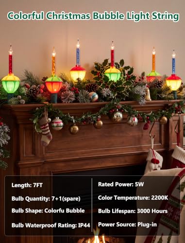 7FT Outdoor Christmas Bubble Lights Set with 8 Colorful Incandescent Bulbs