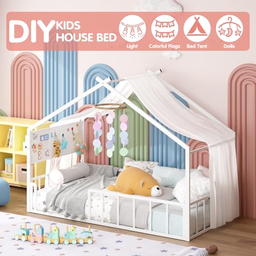 Twin Size Montessori House Bed Frame with Pegboard and Safety Guardrails