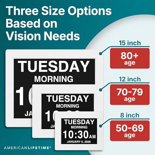Large Display Digital Day & Date Clock for Seniors with Custom Alarms
