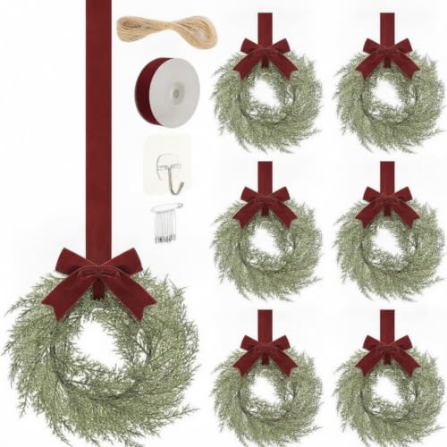 Suncalla 6-Pack 9-Inch Christmas Wreaths with Red Ribbon - Holiday Decor