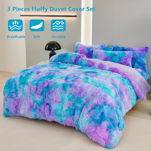Twin Size Tie Dye Faux Fur Duvet Cover Set - 3-Piece Shaggy Bedding