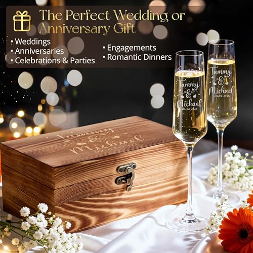 Personalized Champagne Flutes Set with Wooden Box - Engraved Names & Date, Wedding Gift