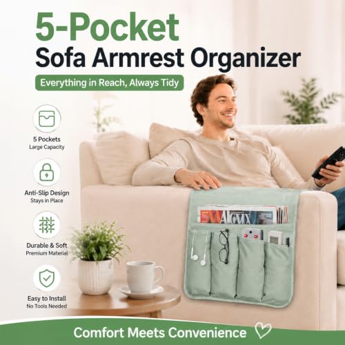 5-Pocket Armchair Caddy Organizer for Recliners and Sofas, Sage Green