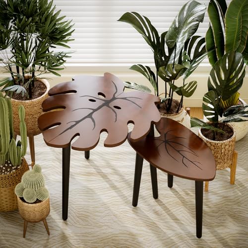 Monstera Leaf Nesting Tables Set of 2, Wooden Side Table Set for Living Room