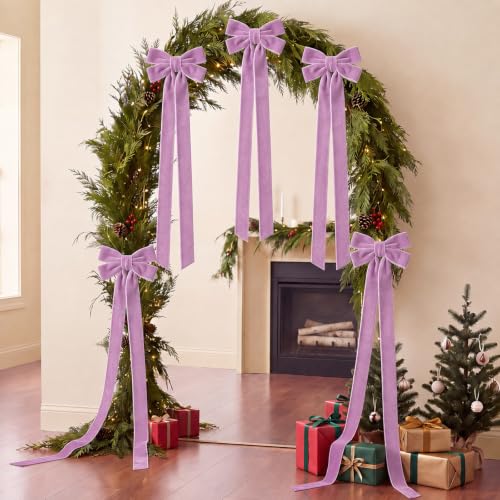 Purple Velvet Ribbon Bows Set of 6 - Long Tail Holiday Tree Decor