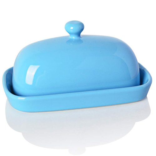 Sweejar Ceramic Butter Dish with Lid for Countertop,Porcelain Butter Keeper with Knob Handle,Butter Container for East/West Coast Butter, 7.1*3.7 inches (Steel blue)