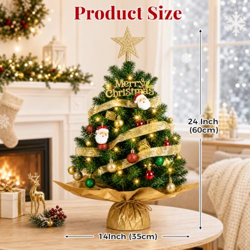 24 Inch Tabletop Christmas Tree with Lights and Decorations - HRZOUKP