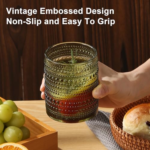 Vintage Hobnail Drinking Glasses Set, Embossed Green Glass Tumblers (8-Piece)