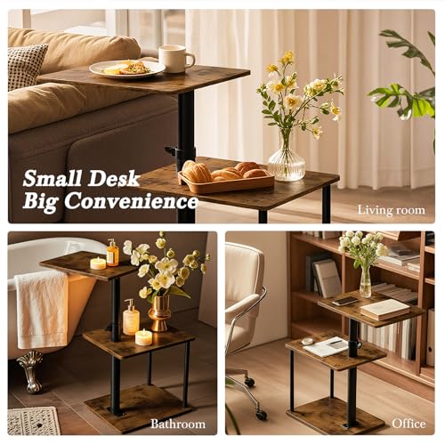Height Adjustable C-Shaped Swivel End Table with Storage - Rustic Brown