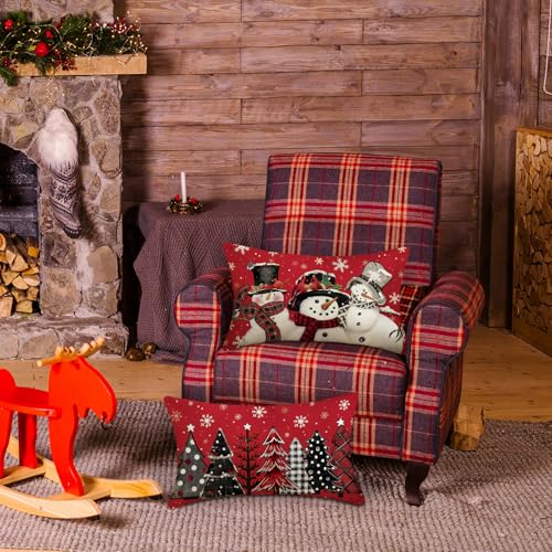 Red Christmas Pillow Covers 12x20 Set of 2 with Snowman & Trees