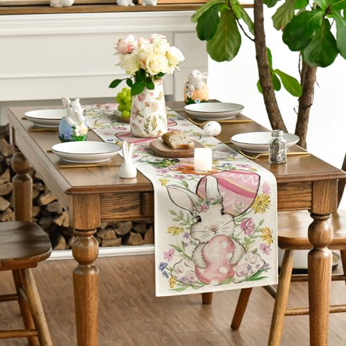 Artoid Mode Bunny Rabbit Egg Flower Easter Table Runner 13x72 Inch Beige Seasonal Spring Home Decor