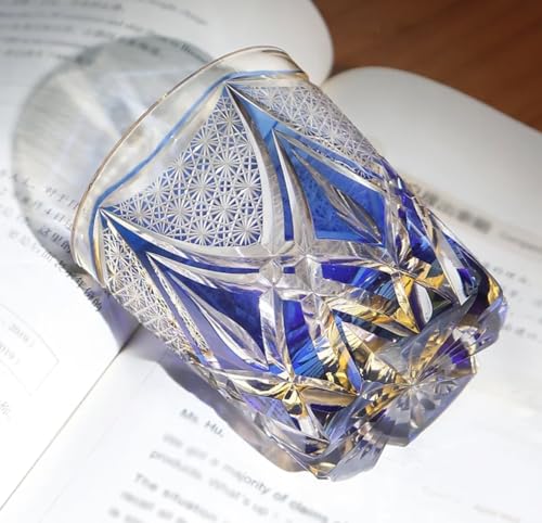 Japanese Blue Chrysanthemum Edo Kiriko Whiskey Glass - Hand-Cut Crystal Spirits Cup