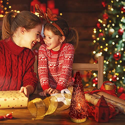 Red Mercury Glass Christmas Tree Set of 2 - 10 Inch Tabletop Xmas Decor with Lights - Battery Operated