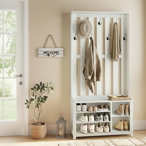 Rustic Hall Tree with Shoe Storage Bench and 7 Coat Hooks, White