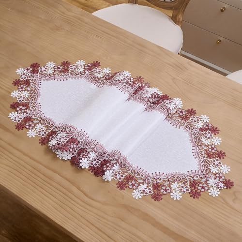 Dark Red Floral Lace Table Runner 16x48 inches for Home Decor