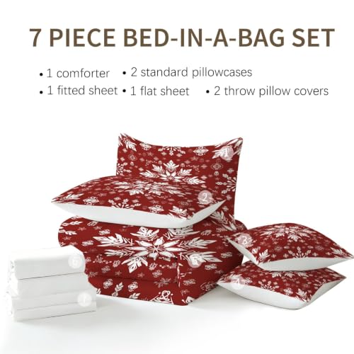 Red White Snowflake Twin Bedding Set - 5 Piece Bed in a Bag, Vintage Style, Model FUYEUN, Variation 02