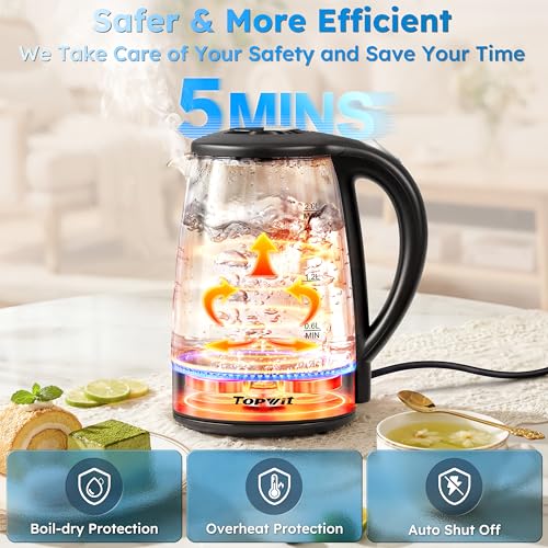 TOPWIT 2.1 Quarts Glass Electric Kettle - 2L BPA-Free Hot Water Boiler, Black