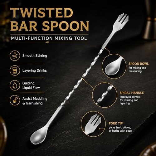 10 Inch Stainless Steel Cocktail Muddler & Bar Spoon Set - Home Bar Tools