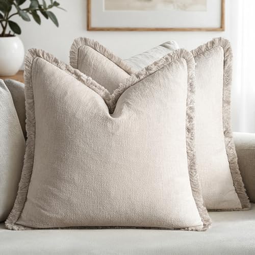 MIULEE 20x20 Inch Linen Fringe Decorative Throw Pillow Covers Set of 2 Natural Beige Farmhouse Style
