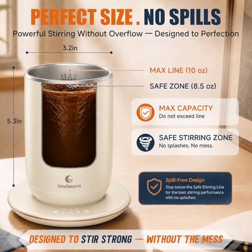Loadwarm White Self-Heated Stirring Coffee Mug 10oz with Warmer - Auto Mixing & Temperature Control