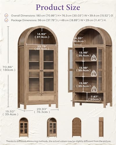 71-Inch Arched Pantry Cabinet with Glass Door and Storage Drawer