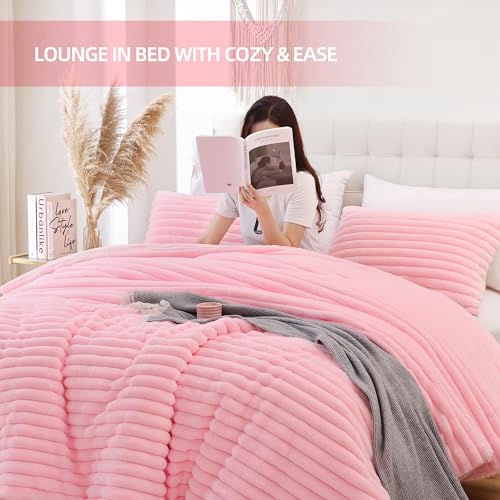Pink Faux Fur Queen Comforter Set - 3-Piece Plush Fleece Bedding Set