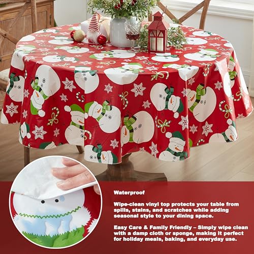 Newbridge 70-Inch Round Red Snowman Christmas Vinyl Tablecloth with Flannel Backing