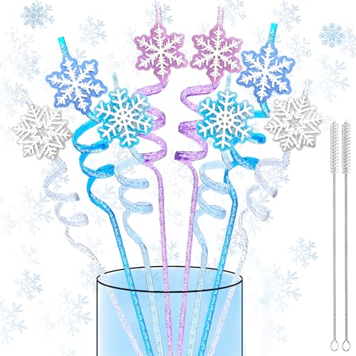 Reusable Frozen Snowflake Drinking Straws with Glitter Toppers - 24 Pcs