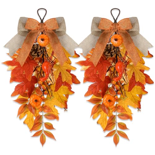 2-Pack 20-Inch Artificial Fall Teardrop Swags with Pumpkins and Berries