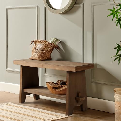 31.5-inch Farmhouse Entryway Bench, Rustic Solid Wood Narrow Hallway Seat