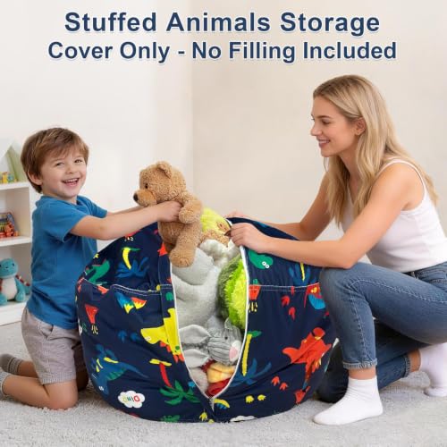 Lukeight Dinosaur Stuffed Animal Storage Bean Bag Chair Cover for Kids, 27" Large Velvet Plush Seat, Side Pocket, No Filler