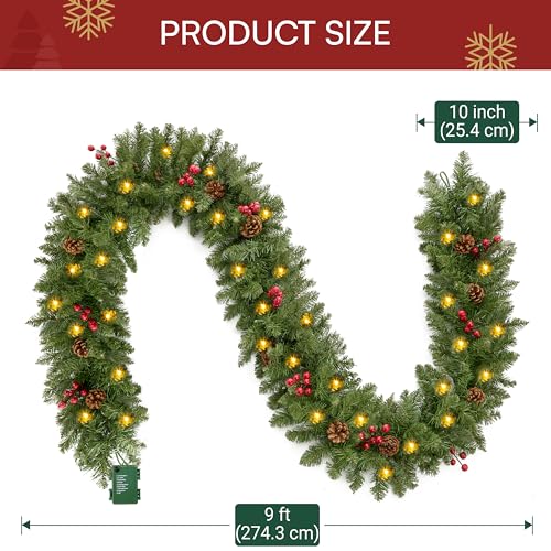 Joiedomi 9Ft Christmas Garland Prelit with Lights & Red Berries - Indoor & Outdoor Decor