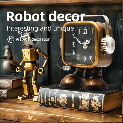 Retro Steampunk Robot Desk Clock, Silent Metal Industrial Shelf Decor