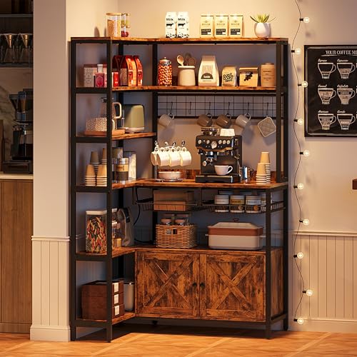 6-Tier Corner Bakers Rack with Power Outlet and Storage Cabinet
