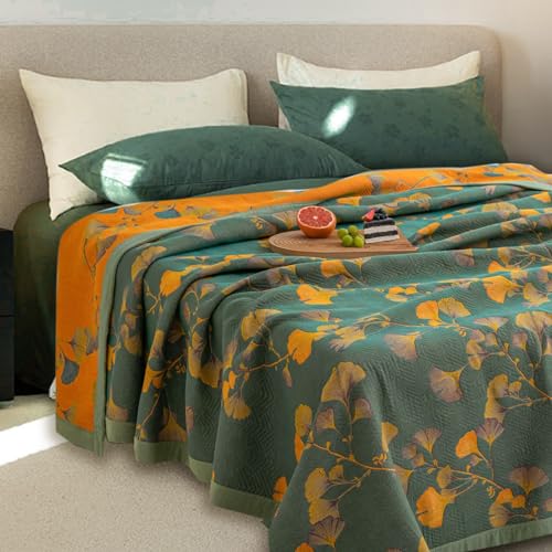Reversible Ginkgo Quilt - Lightweight Cotton Muslin Bedspread, King Size